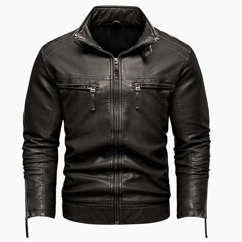 Men's Vintage Thickened Jacket Multi-Pocket Jacket, Stand-Up Collar Motorcycle Clothing, Casual PU Leather Jacket