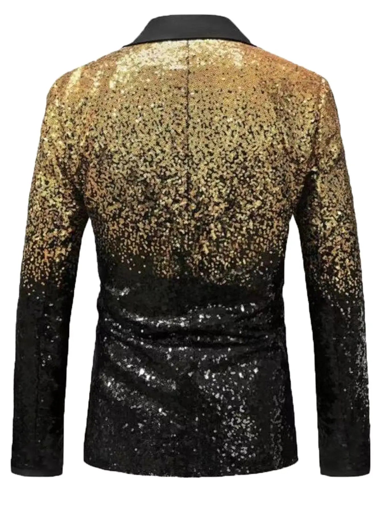Shiny Sequin Tuxedo Jacket for Men - Royal Blue & Gold Gradient, Black Lapel, Formal Party/Wedding/Stage Wear‌ Coat.