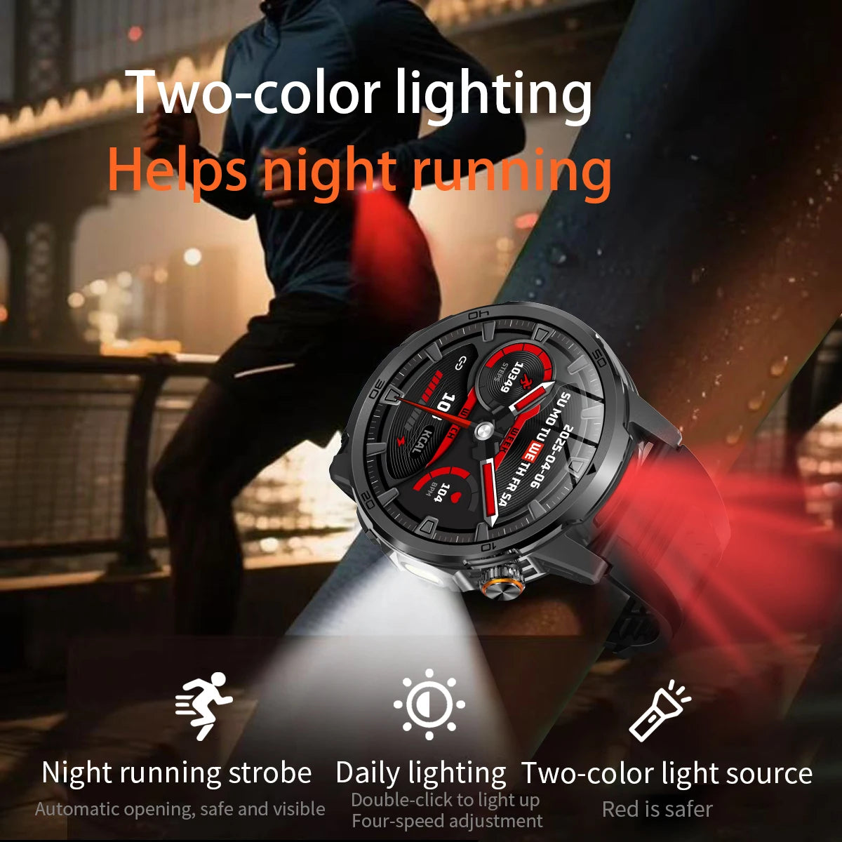 Fanwear men's smart watch SOS distress light +LED flashlight dual light mode 1000 mAh battery GPS trajectory 1.85 inch AMOLED
