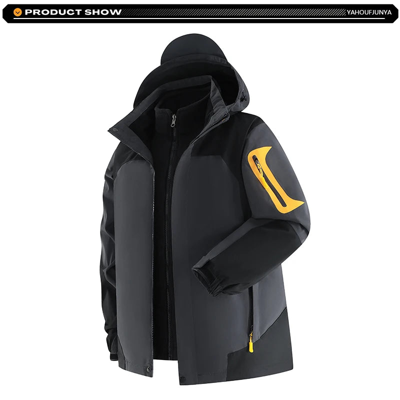 Winter Men Triple Windbreak Thick Warm Removable Hooded Jacket Men Autumn Hiking Outdoor Travel Camping Skiing Jacket Coat Male