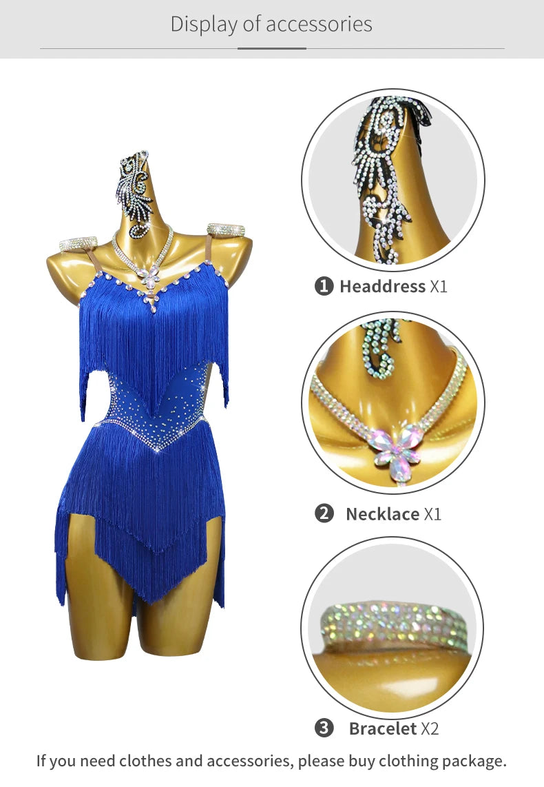 2026 New Latin Performance Dance Dress Women Sexy Outdoor Ballroom Party Fringe Skirt Sport Practice Wear Blue Prom Evening Suit