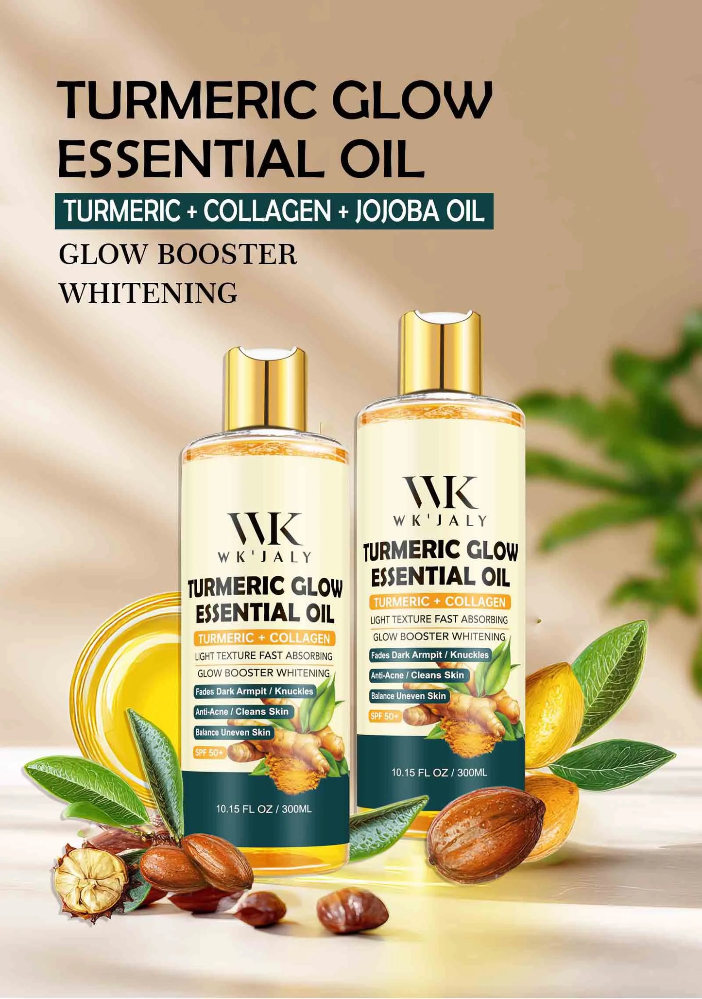 WK JALY Turmeric Whitening Essential Oil, With Collagen, Moisturizing, Brighten, Remove Acne, Dark Spots, for All Skin, 300ml
