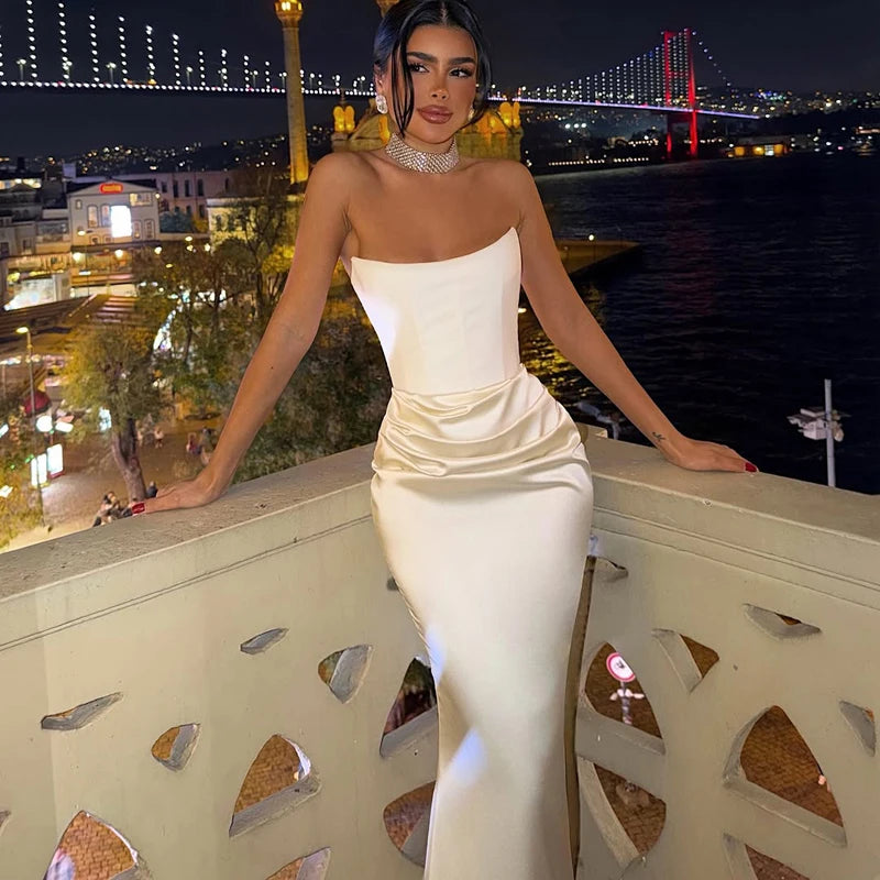 Solid White Strapless High Waist Maxi Dress Women Elegant Sleeveless Backless Pleated Satin Slim Dresses  Party Evening Gowns