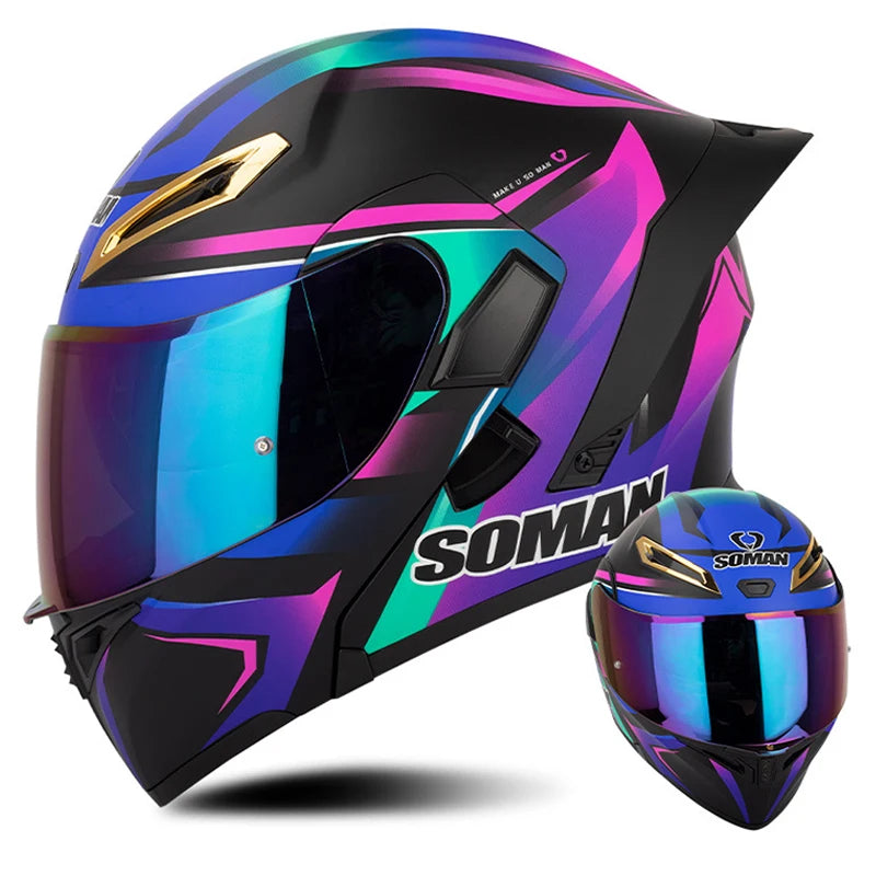 DOT Approved Men's Motorcycle Helmet Full Face Helmet with Double Visor Flip Up Motocross Helmet Four Seasons Universal