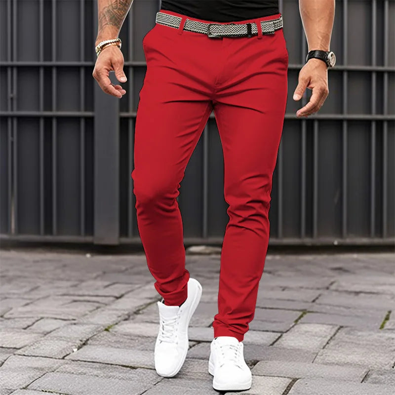 Men's Solid-color Slim-fit Pants with Front Pockets and Zippers for Business Casual Wear with Tapered Bottom Pants Men