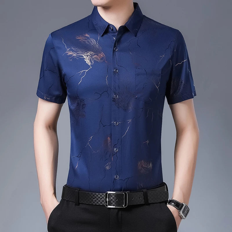 New Men's Casual Printed Short Sleeved Lapel Shirt for Summer Fashion Comfort No Ironing Wrinkle Resistant Top