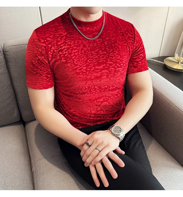 Men's T-Shirts Korean Fashion Gold Velvet Short Sleeve Mens Casual T Shirt Slim Fit Breathable Turtleneck Tee Shirt Homme 4XL-M