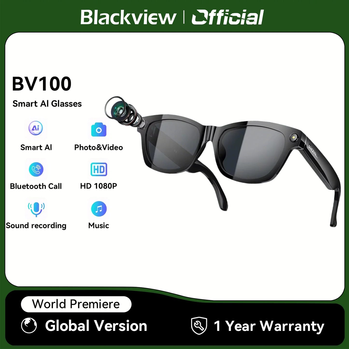 Blackview BV100 Smart Glasses, HD Camera,Bluetooth 5.4,220mAh Battery,Stereo Bass Speakers,Noise Cancelling Mic,Wear Detection