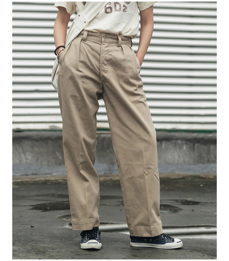 Non Stock French Army M-52 Chino Pants Men's Double Pleated Twill Casual Trousers Straight Leg