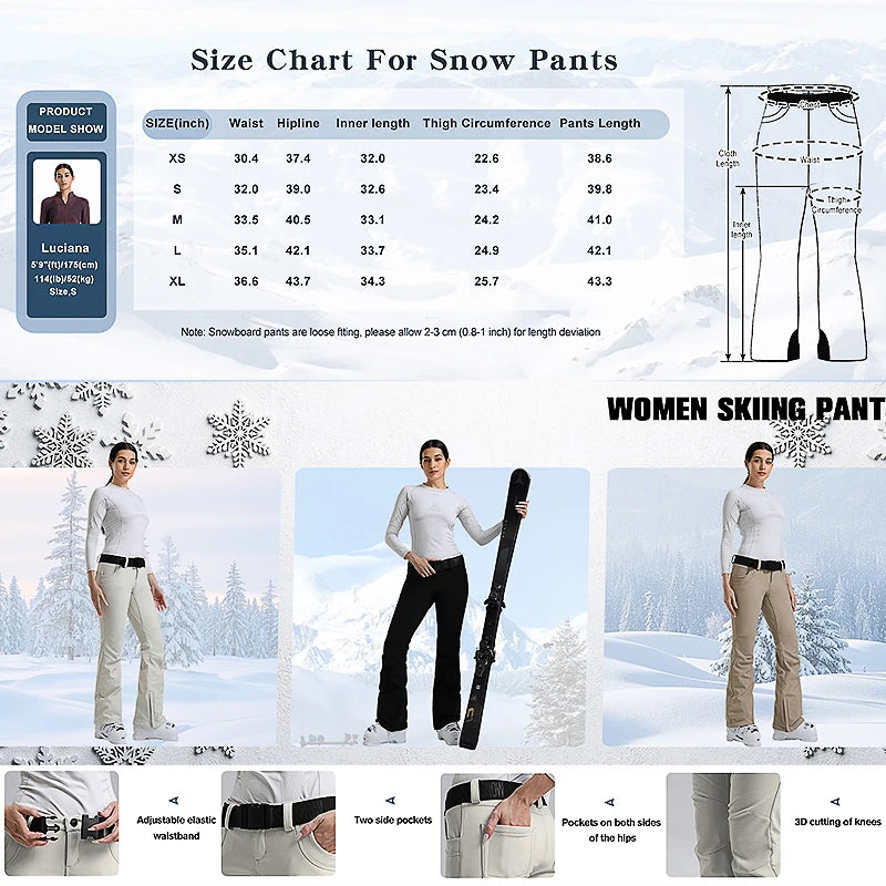 New Women's Ski Pants Stretch Slim-fit Dual-layer Insulated Professional Windproof Waterproof Breathable Solid Color Ski Pants