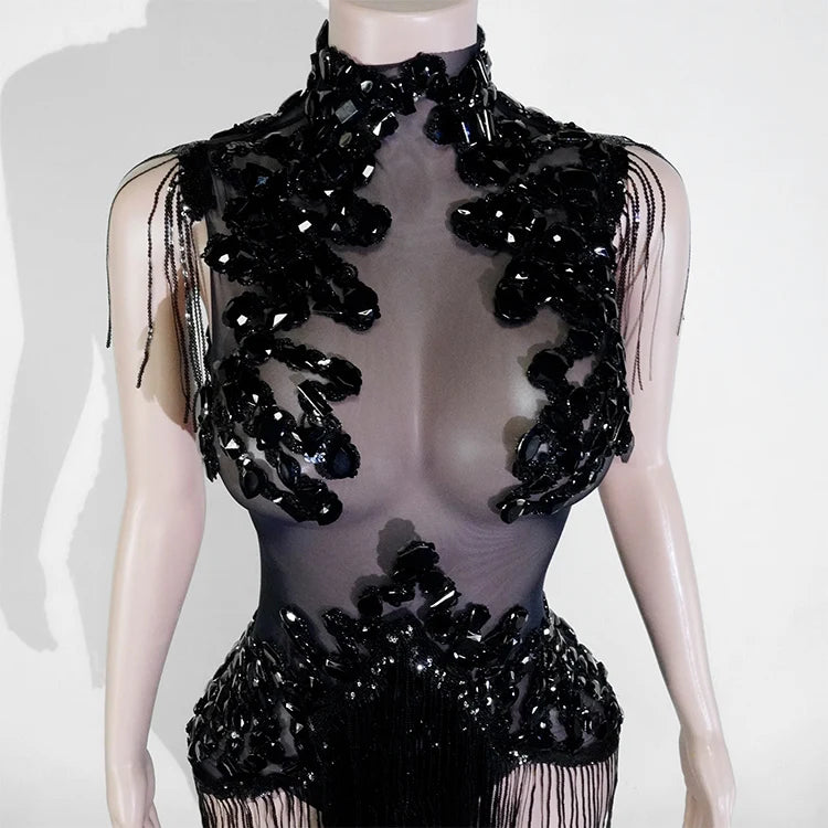 Sexy Mesh Sheer Black Rhinestone rhinestone Bodysuit Singer Dancer Show Stage Outfit Celebrate Party Night Club Performance Waer