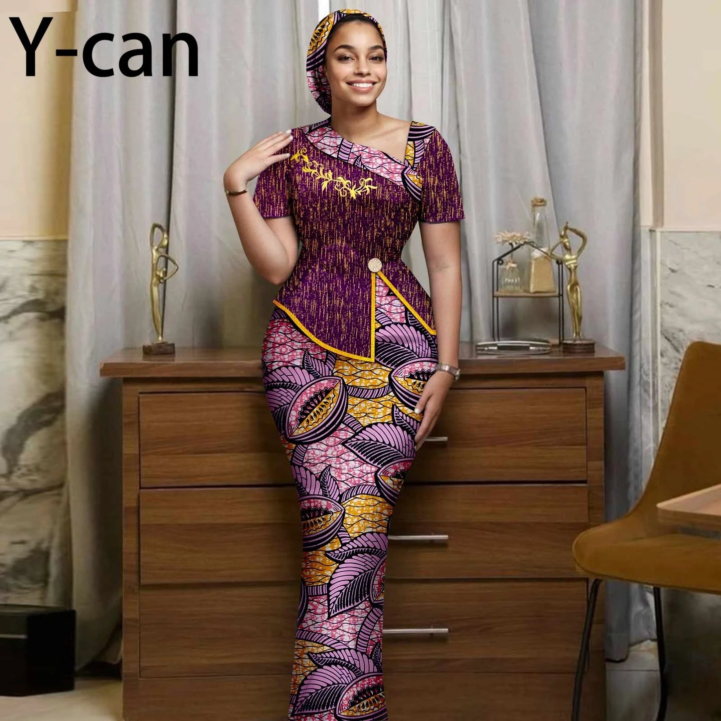 African Women Skirt Set Luxury Gown Short Sleeve Slit Top and Slim Skirt Vestidos with Headwrap Wedding Dress 2526056