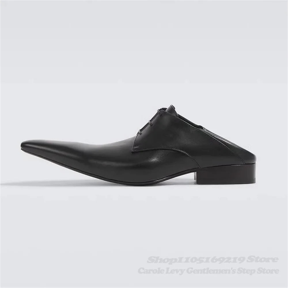 Pointed Leather Shoes for Men Black Retro Derby Shoes Business Formal Lace Up Casual Shoes Men Shallow Summer New Leather Shoes