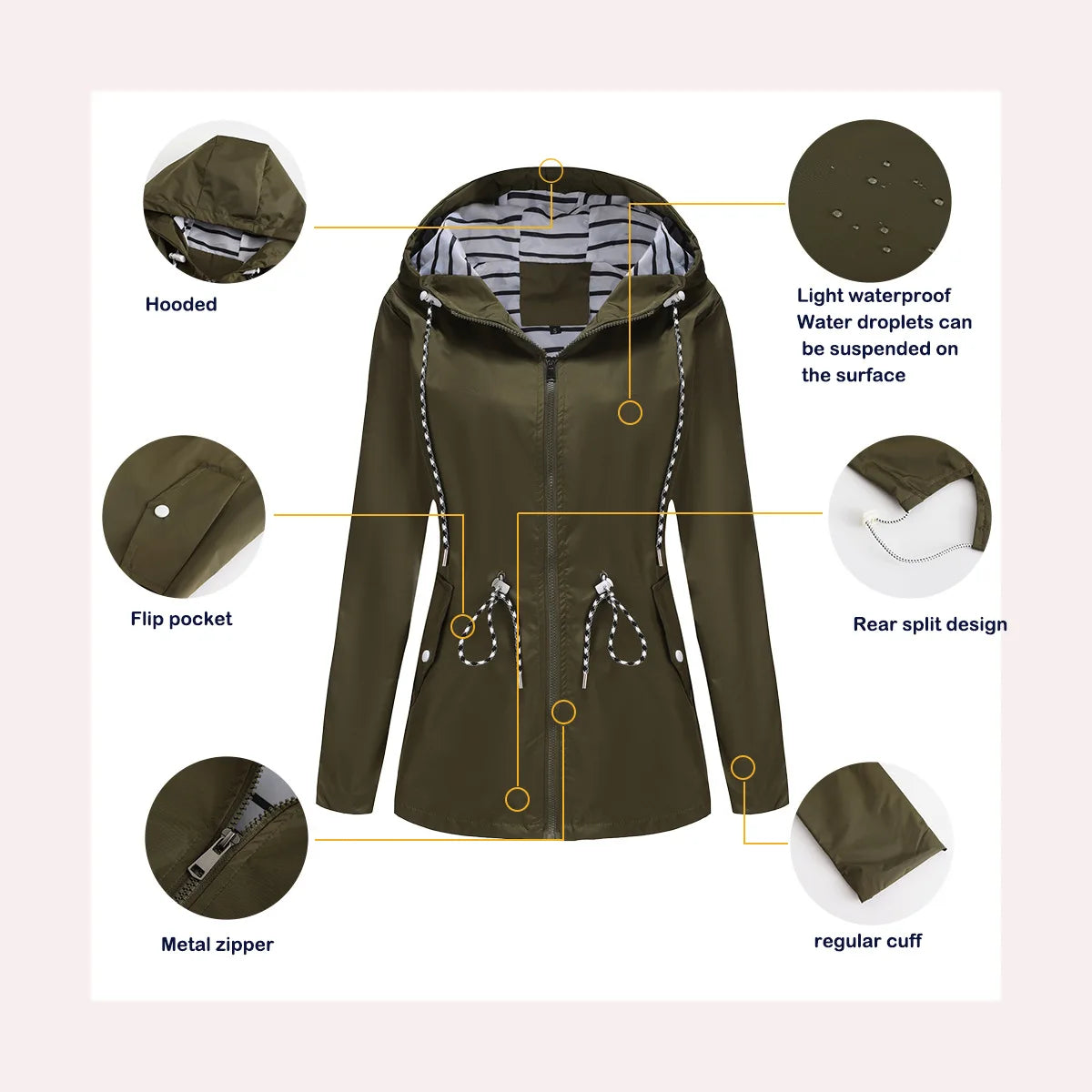 Red Waterproof Hooded Jacket, Women Fashion Casual Coat, Waist Drawstring Tie Zipper Switch Blue Green Yellow Black Windbreaker