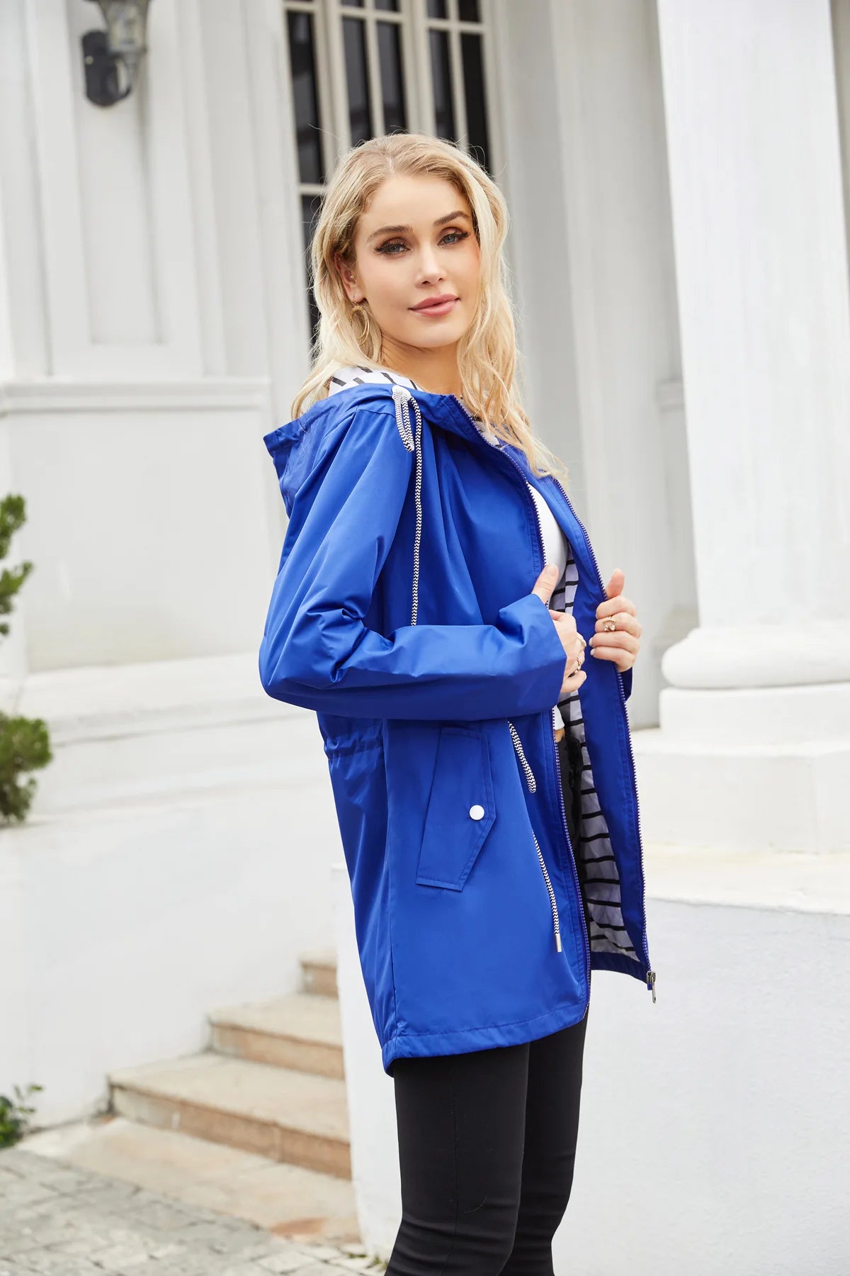 Red Waterproof Hooded Jacket, Women Fashion Casual Coat, Waist Drawstring Tie Zipper Switch Blue Green Yellow Black Windbreaker
