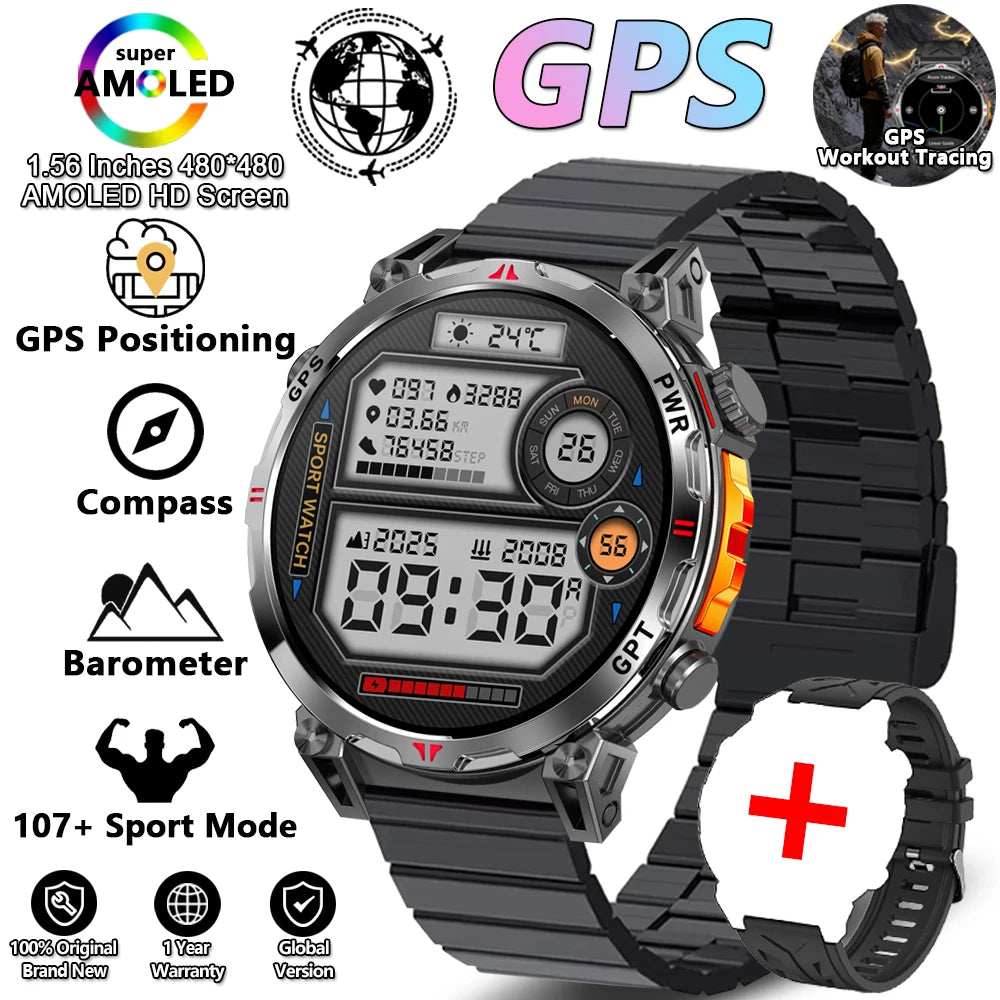 2026 New Outdoor Sports Smartwatch Men GPS Positioning 650mAh HD Call 1.56-inch AMOLED Screen Compass 5ATM Waterproof Watch Man