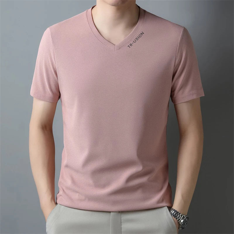 New Men's Casual and Fashionable V-neck Solid Color Short Sleeved T-shirt Breathable and Comfortable Summer Versatile Top