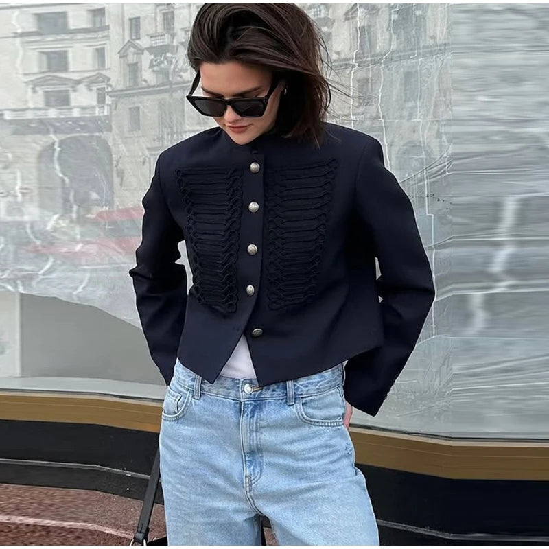 Unique Oblique Button Military Jacket Women Vintage Asymmetry Cropped Napoleon Jackets Lady New Fashion Street Spring Outwear