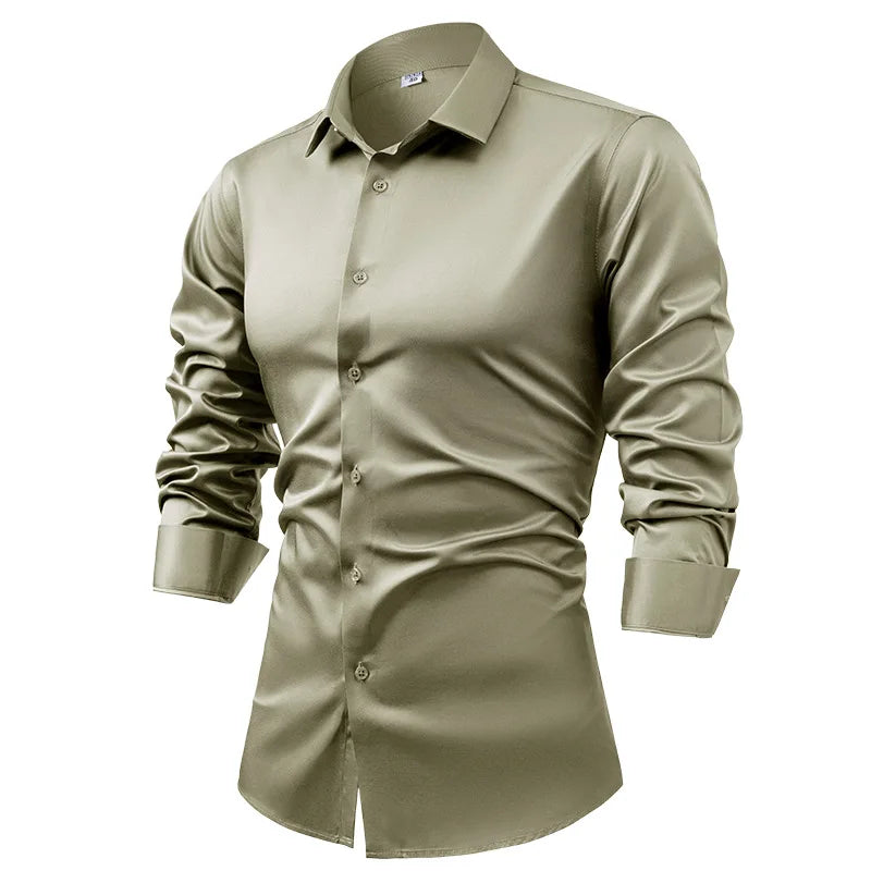 Silk cotton long sleeved shirt men's pure white shirt 2025 spring high-end sense inch shirt casual business suit formal wear