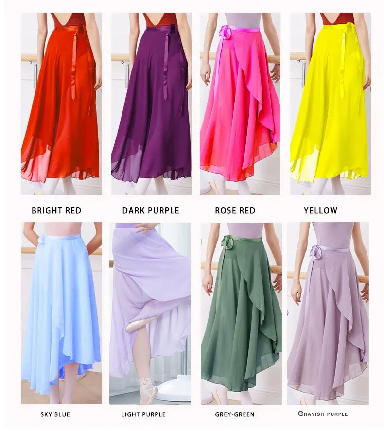 Adults Women Ballet Dance Skirts Long Chiffon Dance Skirts Lyrical Soft Ballet Dress Black Burgundy Translucent Dance Costumes