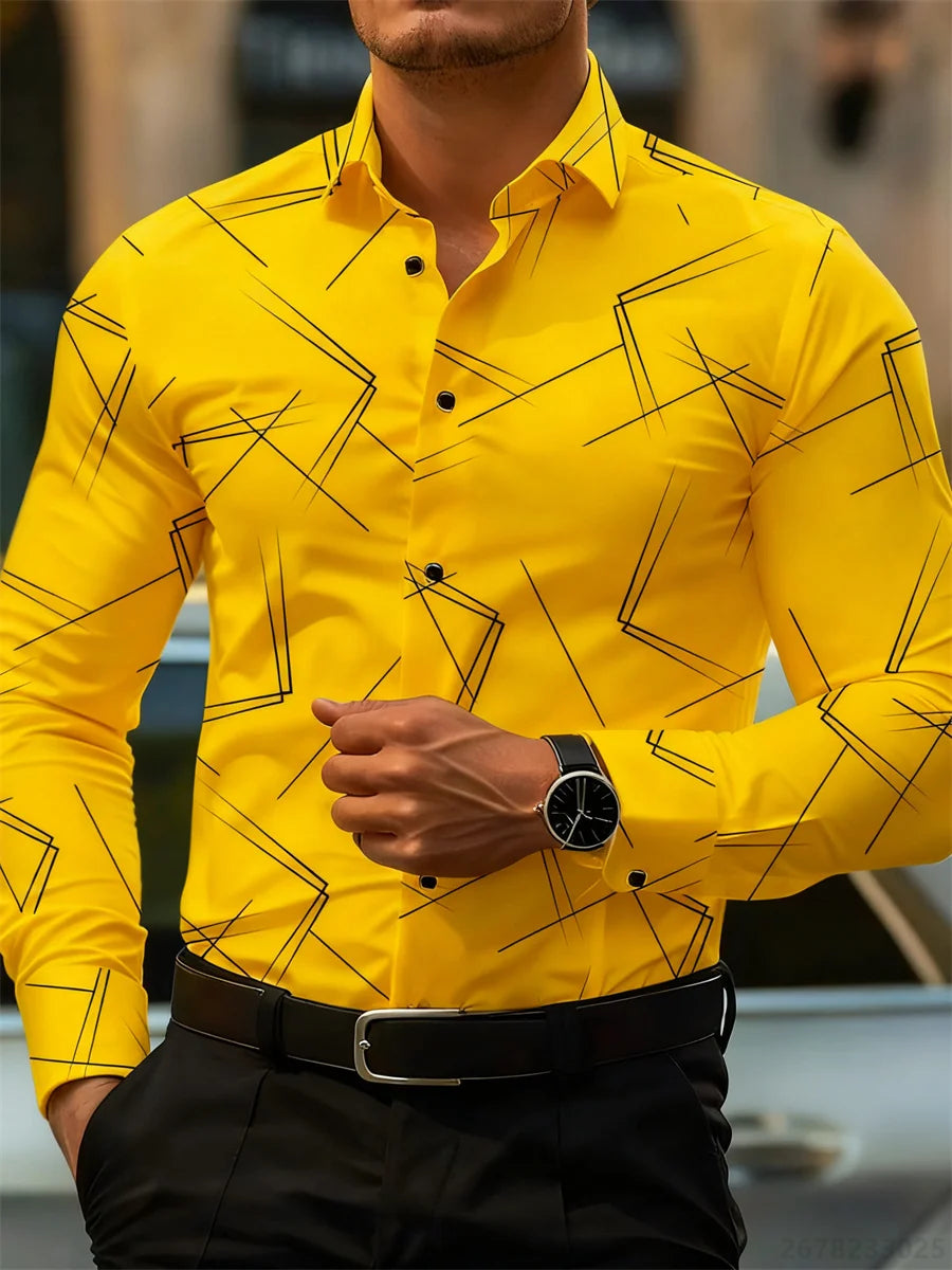 Men's trendy geometric line print long-sleeved shirt Business casual fashion design slim fit non-iron versatile ins style shirt