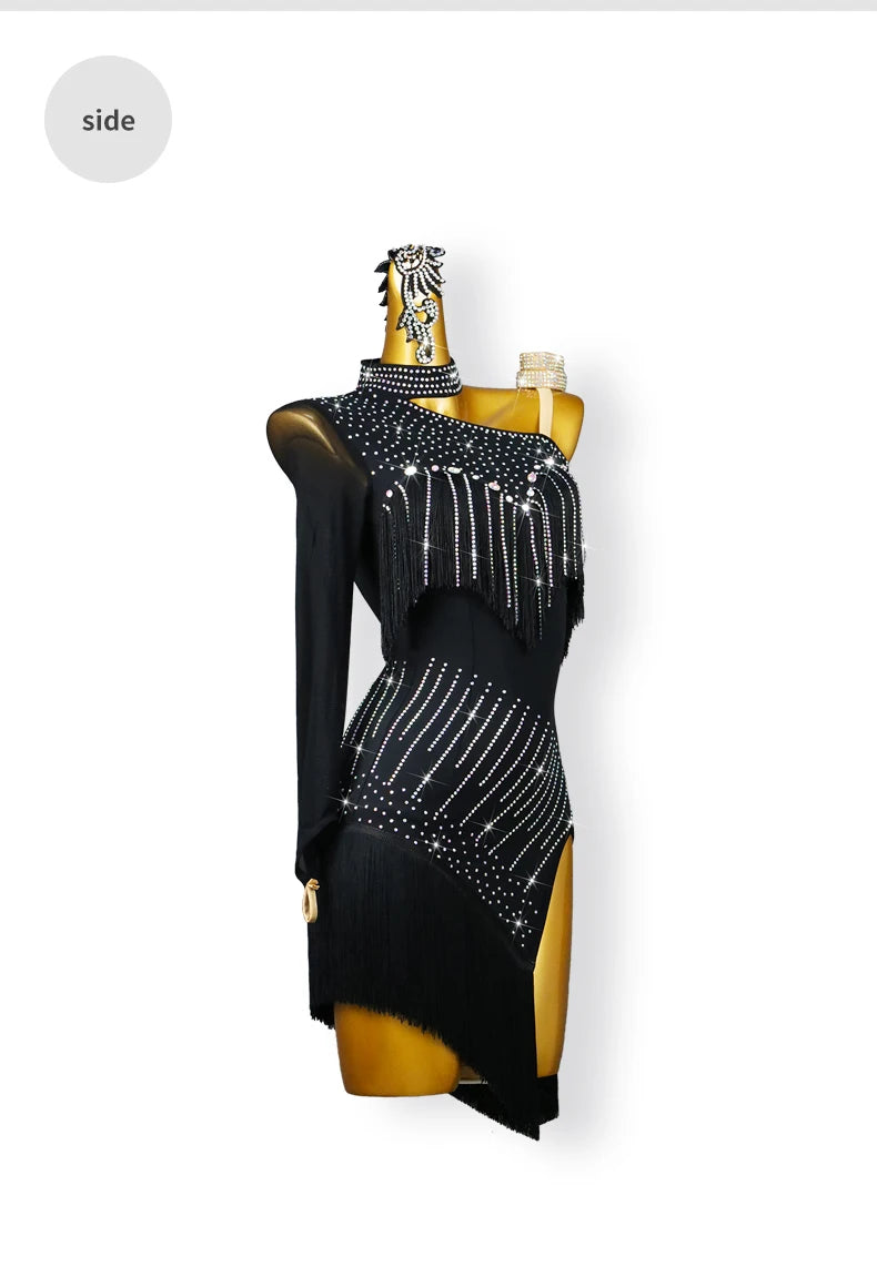 New Black Latin Dance Fringe Dresses Sexy Adult Women Competition Costume Ballroom Skirt Salsa Samba Party Stage Wear Customized