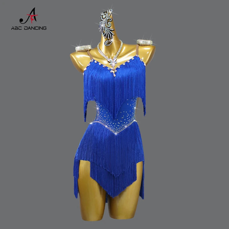 2026 New Latin Performance Dance Dress Women Sexy Outdoor Ballroom Party Fringe Skirt Sport Practice Wear Blue Prom Evening Suit