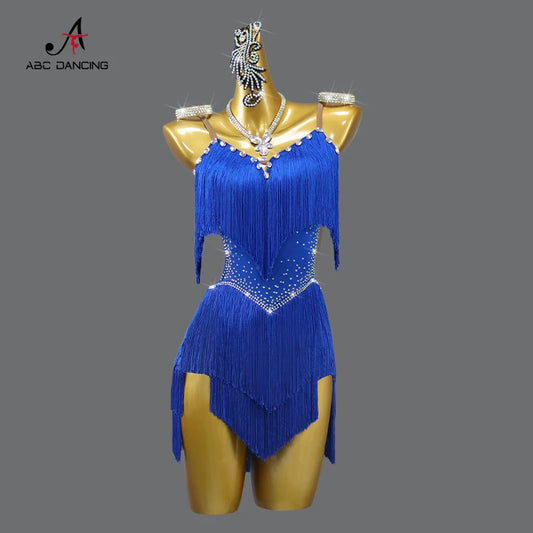 2026 New Latin Performance Dance Dress Women Sexy Outdoor Ballroom Party Fringe Skirt Sport Practice Wear Blue Prom Evening Suit
