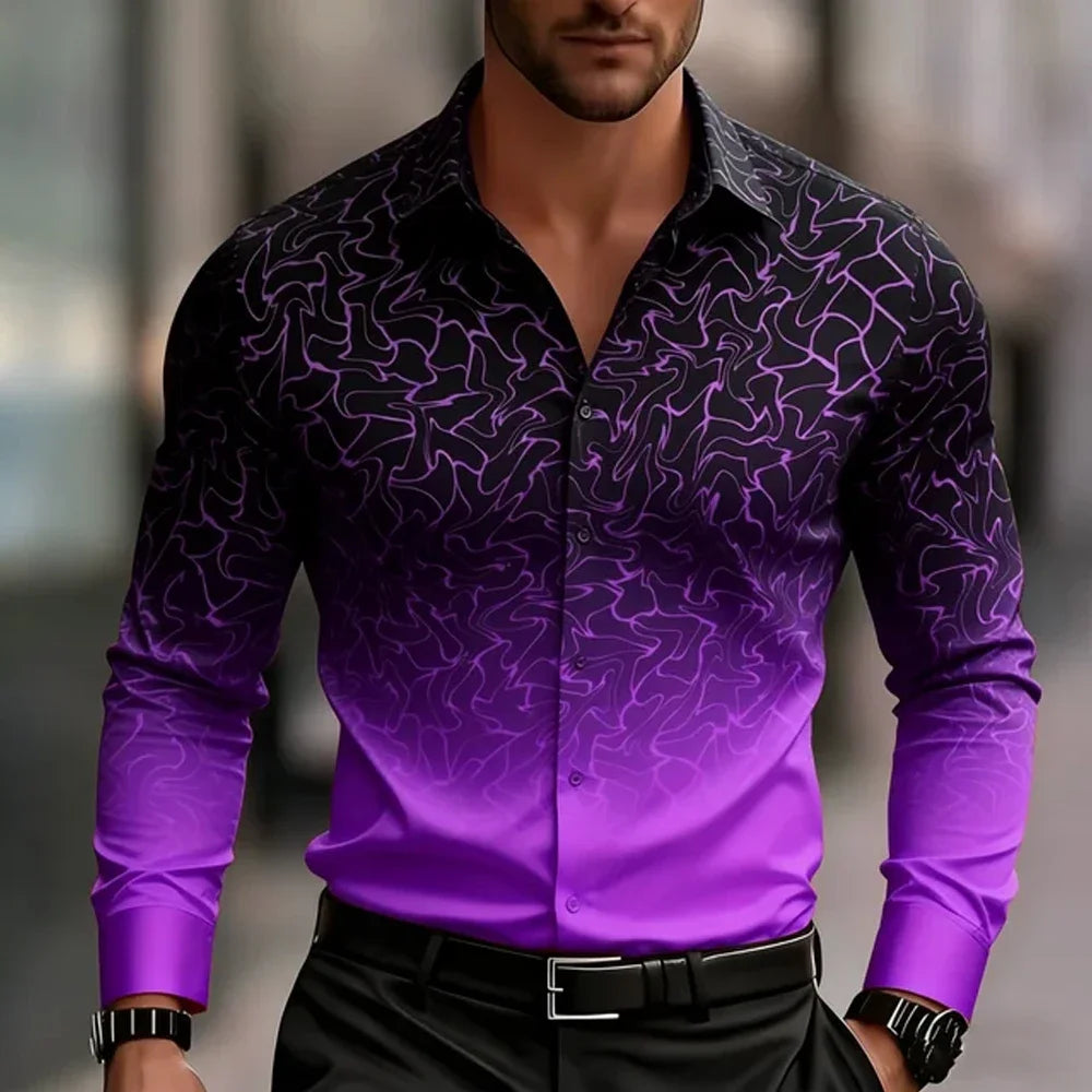 New Spring Autumn Men Clothes Long Sleeve Gradient Color 3D Digital Print Shirt Men Casual Fashion Tops