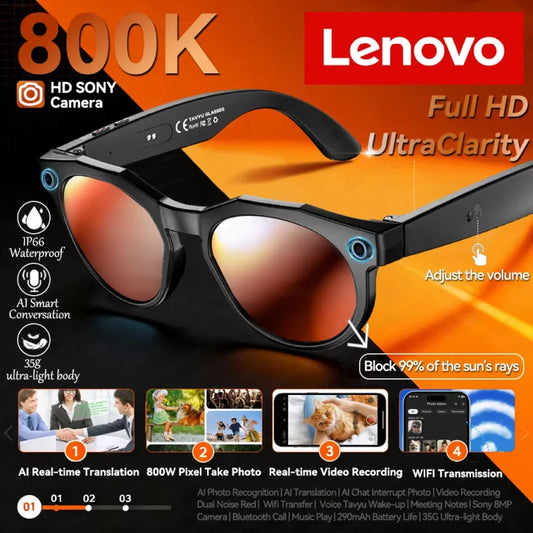 Lenovo 8K HD Smart Glasses Bluetooth music listening Voice Assistant Control 800MP Camera Bluetooth Call Translation Sunglasses