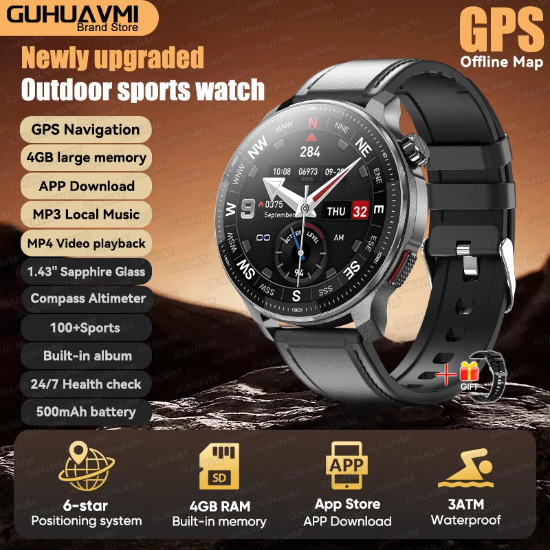 Newly T-Rex3 Ultra 4GB Memory GPS Sports Smart Watch Offline Map 1.43" AMOLED Display 3ATM Flash Charge Fitness Call Smartwatchs