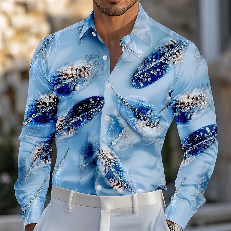 Men's Carnival Themed Feather Mask Print Long-Sleeve Shirt, Fashionable Street Style Party Casual Loose Fit Men's Top XS-6XL