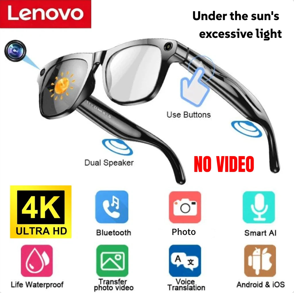 Lenovo 8K 4K AI HD Shooting Smart Glasses Multifunctional Camera Bluetooth Call Music VoicePlayer Translate Photochromic Glasses