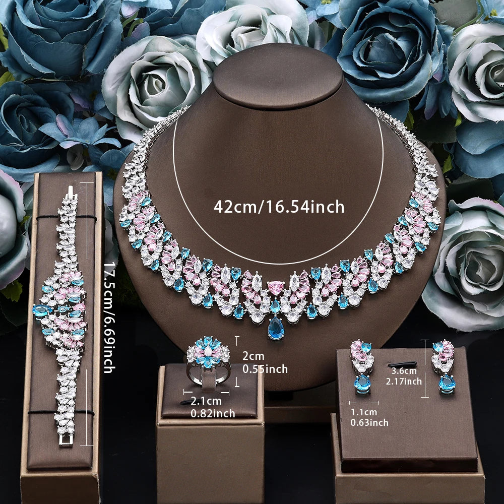 Luxury 4 Pieces Necklace Earrings Set Big Colorful CZ Zircon Wedding Bridal Jewelry Set Dubai Women Gift