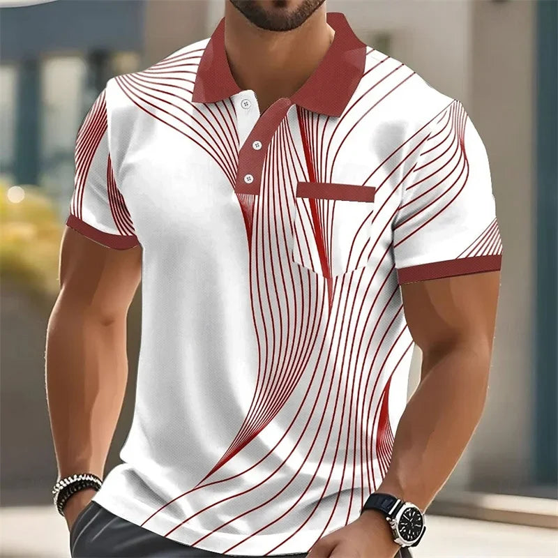 Fashionable summer short-sleeved men's polo shirt with 3d printed stripes, men's lapel, high-quality men's shirt, casual wear