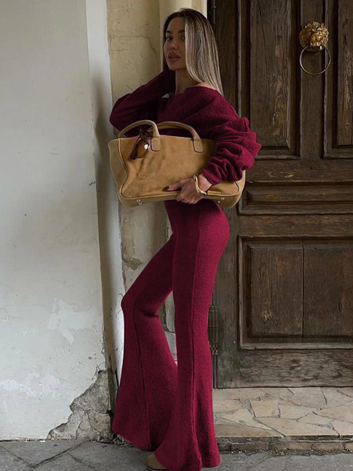 Dulzura Fashion Sexy 2 Piece Pants Set Skew Collar Long Sleeves Slim T-Shirt And Flare Pants Matching Set Party Club Streetwear