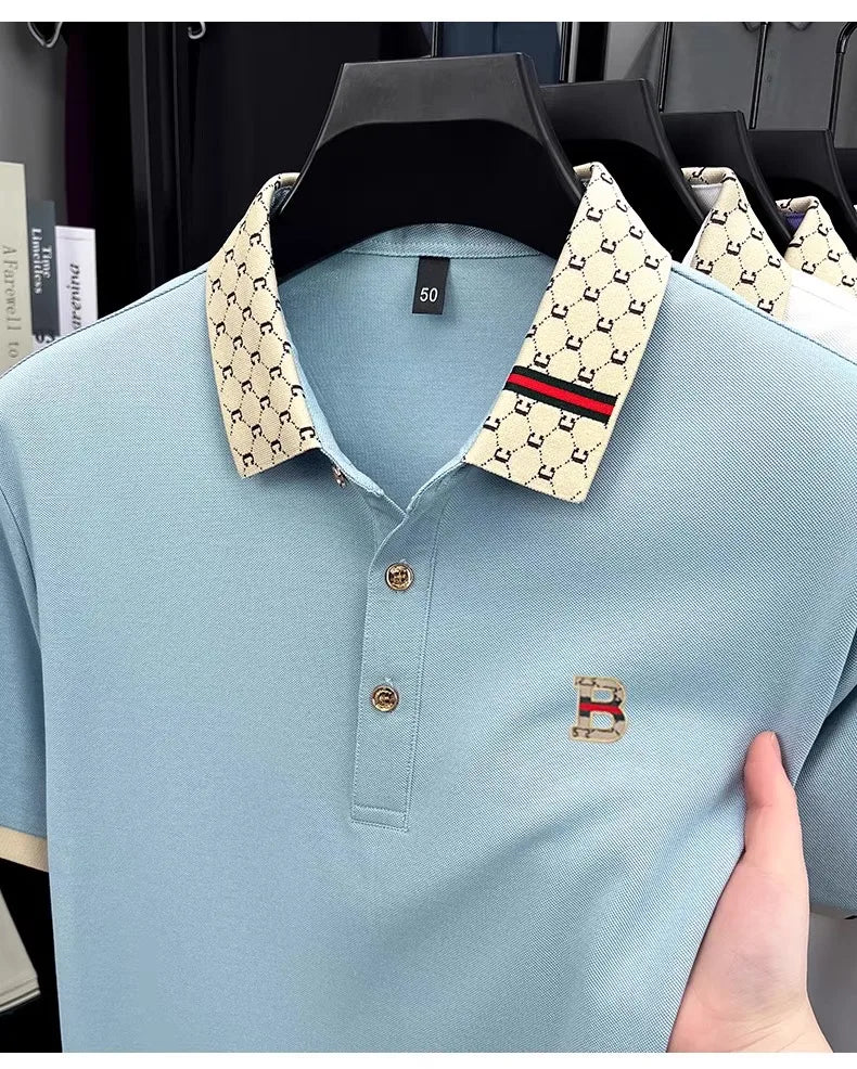 Advanced letter embroidery short sleeve polo shirt light luxury brand business leisure summer men's T-shirt fashion lapel top