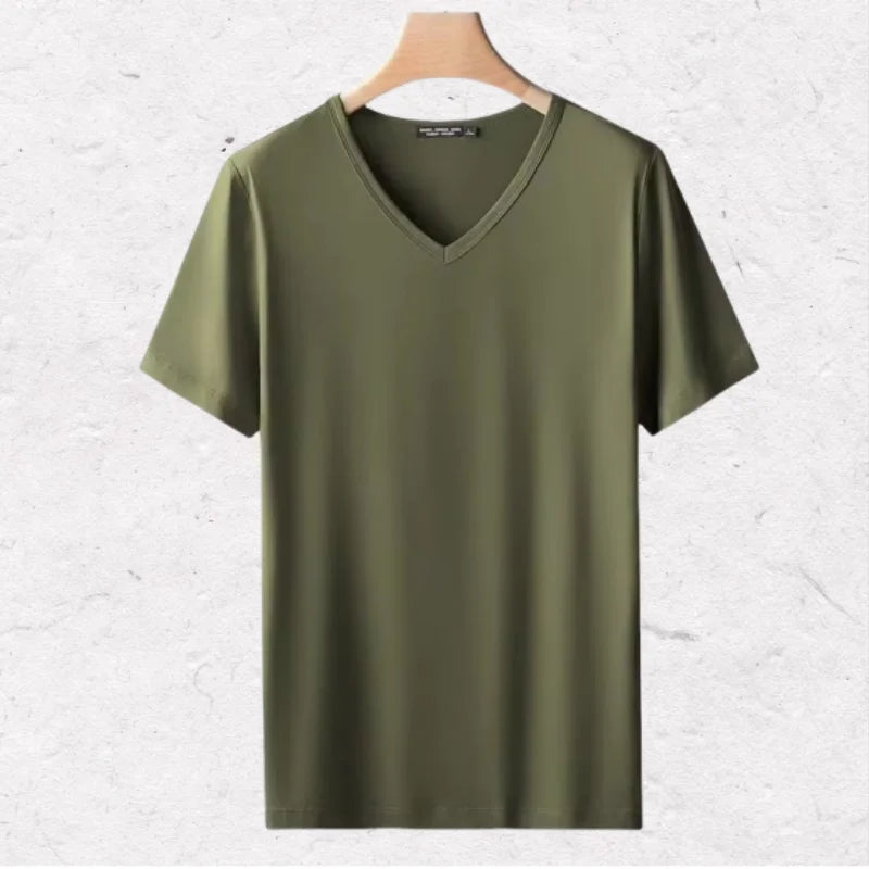 2025 men's short sleeved T-shirt loose and breathable plus size T-shirt top summer thin solid color V-neck home clothing base s