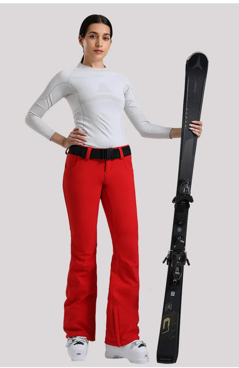 New Women's Ski Pants Stretch Slim-fit Dual-layer Insulated Professional Windproof Waterproof Breathable Solid Color Ski Pants