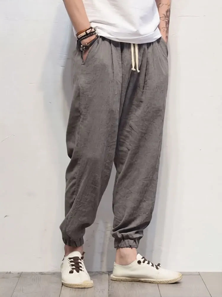 Cotton Linen Jogger Pants Men Spring Summer Chino Pants Wide leg Loose Lightweight Thin Sweatpants Male Beach Casual Trousers