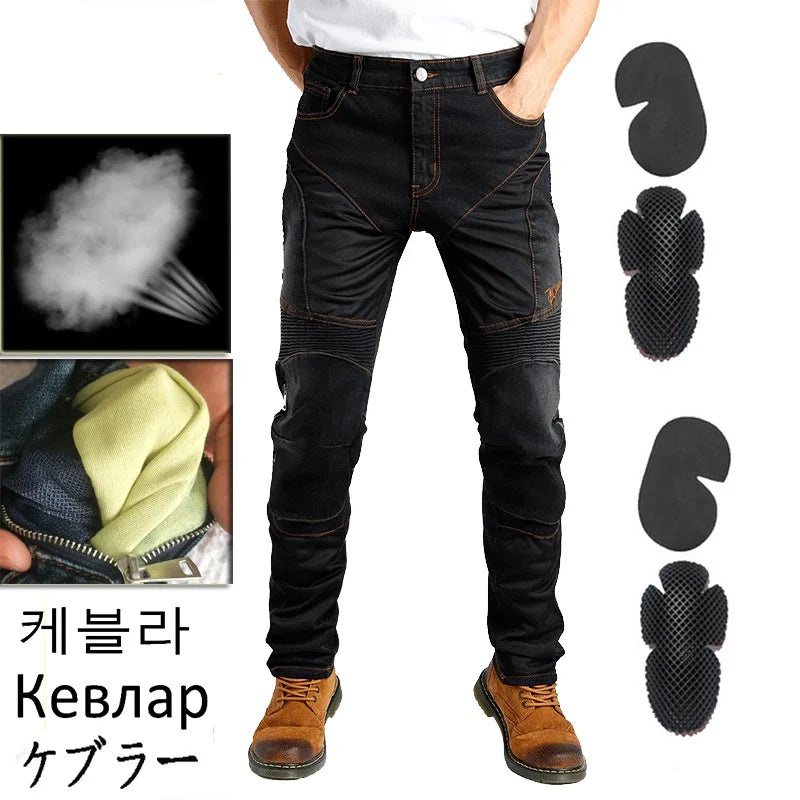 Men Summer Motorcycle Jeans Blue Mesh Protective Riding Pants Black Motocross Gear Motorbike Trousers