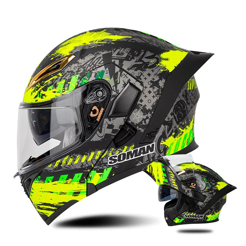 DOT Approved Men's Motorcycle Helmet Full Face Helmet with Double Visor Flip Up Motocross Helmet Four Seasons Universal