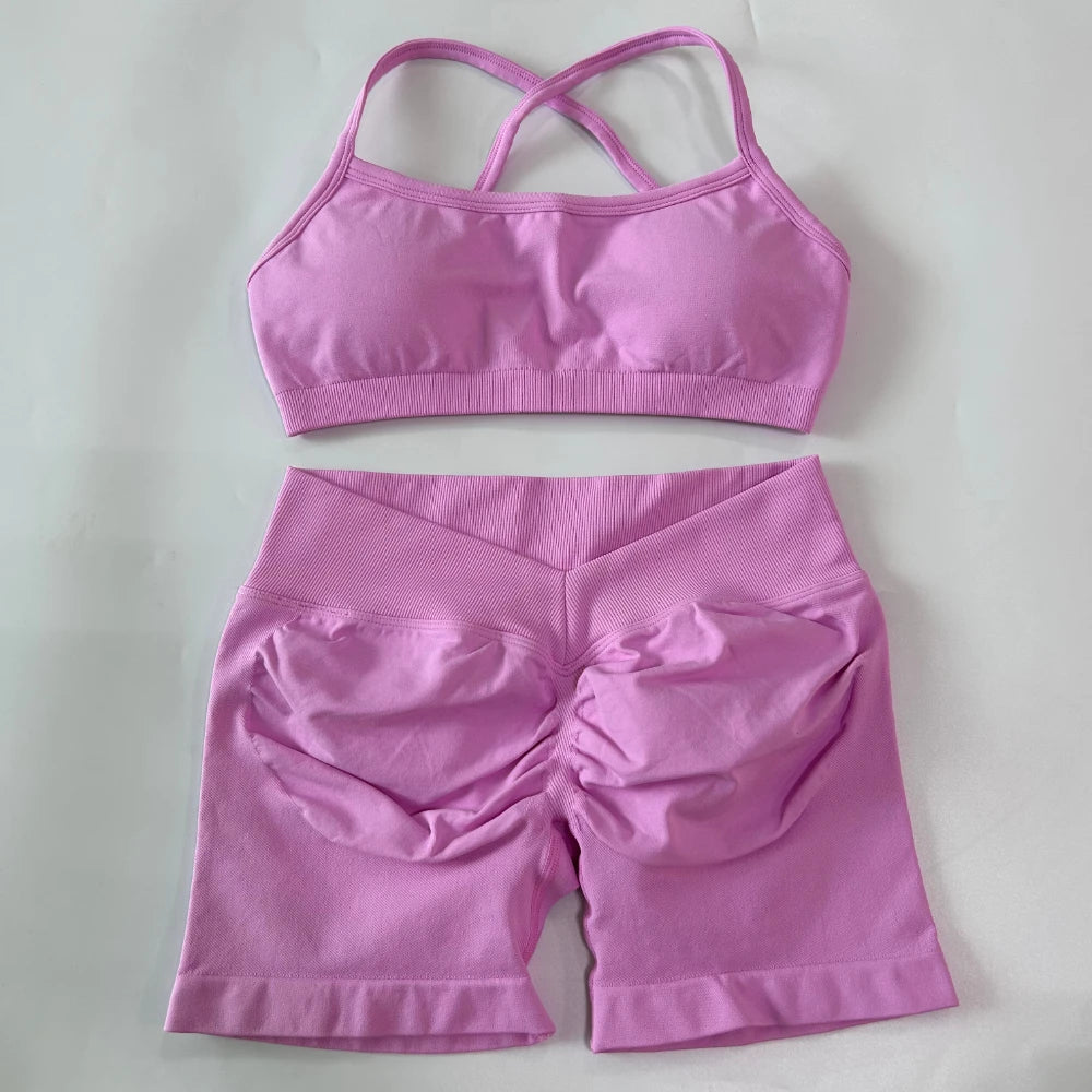 2 Pieces Set For Woman Clothes Seamless Scrunch Yoga Shorts Set Backless ktp Sports Bra Fitness Workout Top Gym Set Outfits