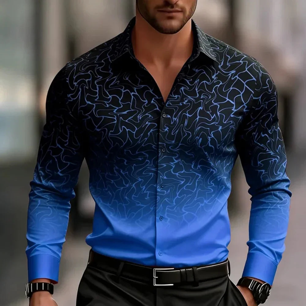 New Spring Autumn Men Clothes Long Sleeve Gradient Color 3D Digital Print Shirt Men Casual Fashion Tops