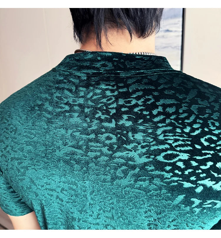 Men's T-Shirts Korean Fashion Gold Velvet Short Sleeve Mens Casual T Shirt Slim Fit Breathable Turtleneck Tee Shirt Homme 4XL-M