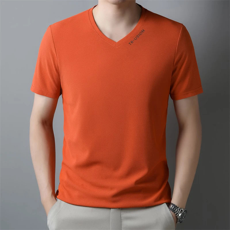 New Men's Casual and Fashionable V-neck Solid Color Short Sleeved T-shirt Breathable and Comfortable Summer Versatile Top
