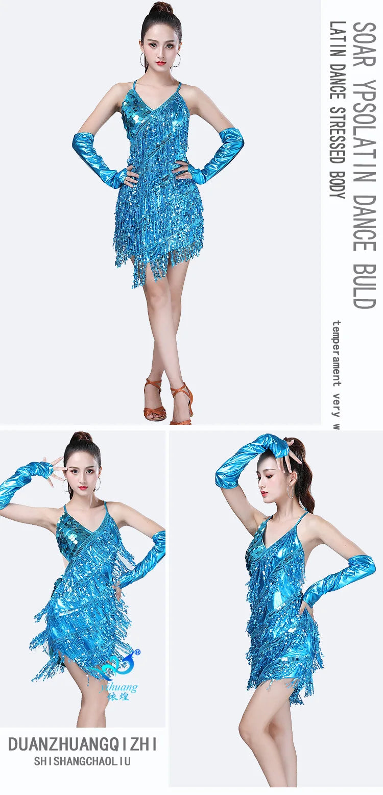 1pcs/lot woman sequin tassel latin dancing dress sexy latin dress latin salsa dresses fringe dress