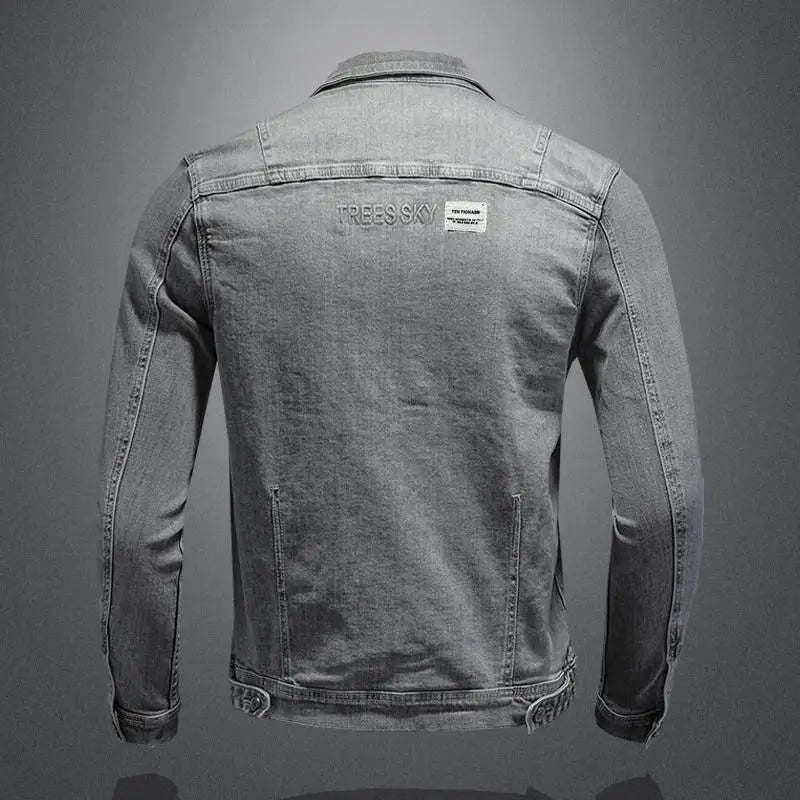 2025 Men's Autumn Winter Brand Casual Cotton Jacket with American Retro Motorcycle Embroidered Street Fashion Grey Jeans Coat