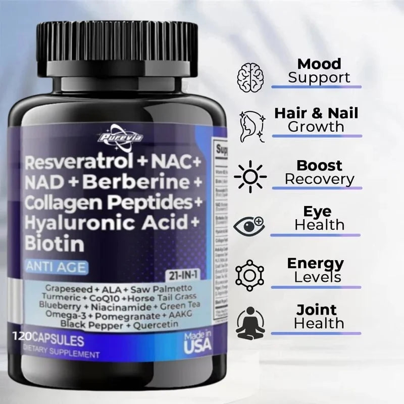 Resveratrol Nad Aspartate Hyaluronic Acid Grape And Blueberry Collagen Peptides Hair, Nail, Skin, And Joint Supplements Capsules