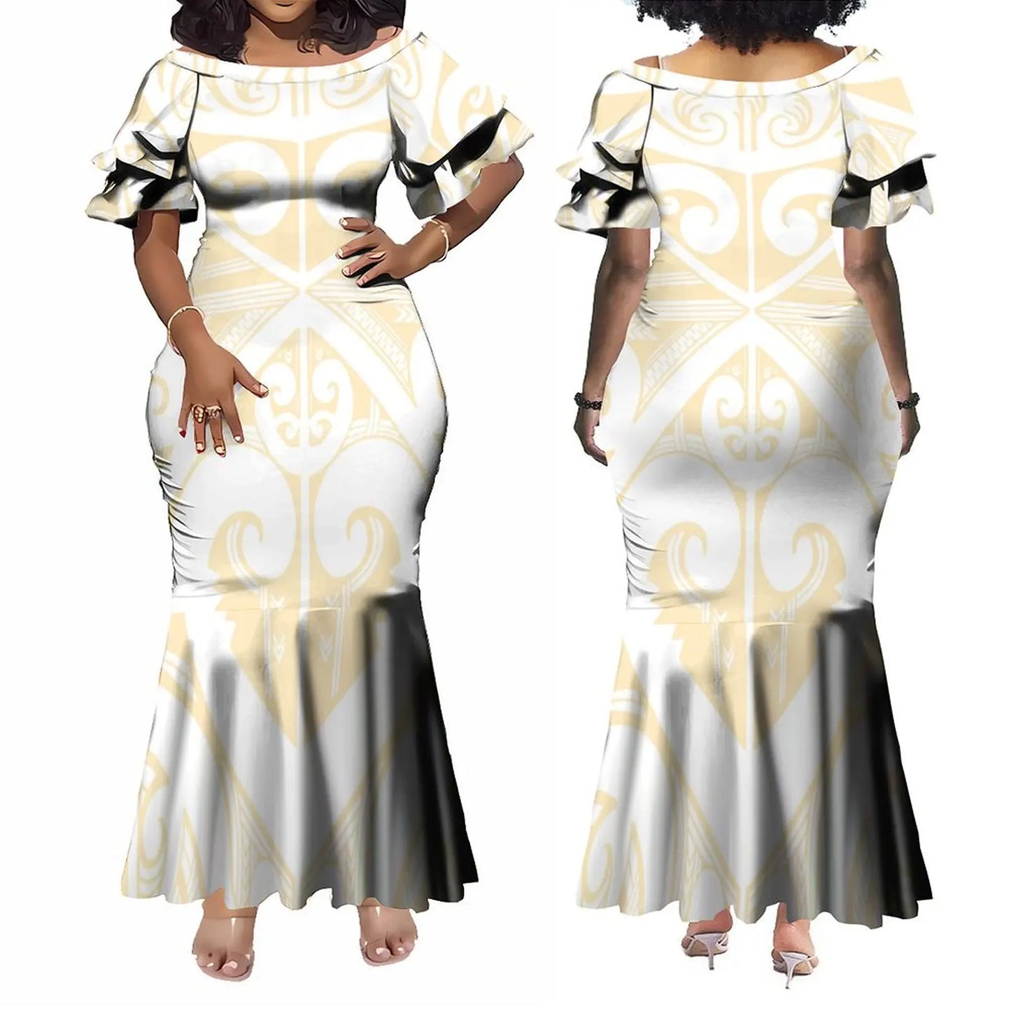 Factory Wholesale Custom Boat Neck Double Flare Sleeve Long Fishtail Ladies Dress Women Elegant Mermaid Evening Party Dress